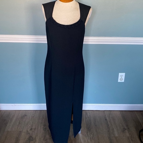VTG 90’s Carole Little black midi evening gown. Slit lace trim. Size 8 LBD - Picture 1 of 10